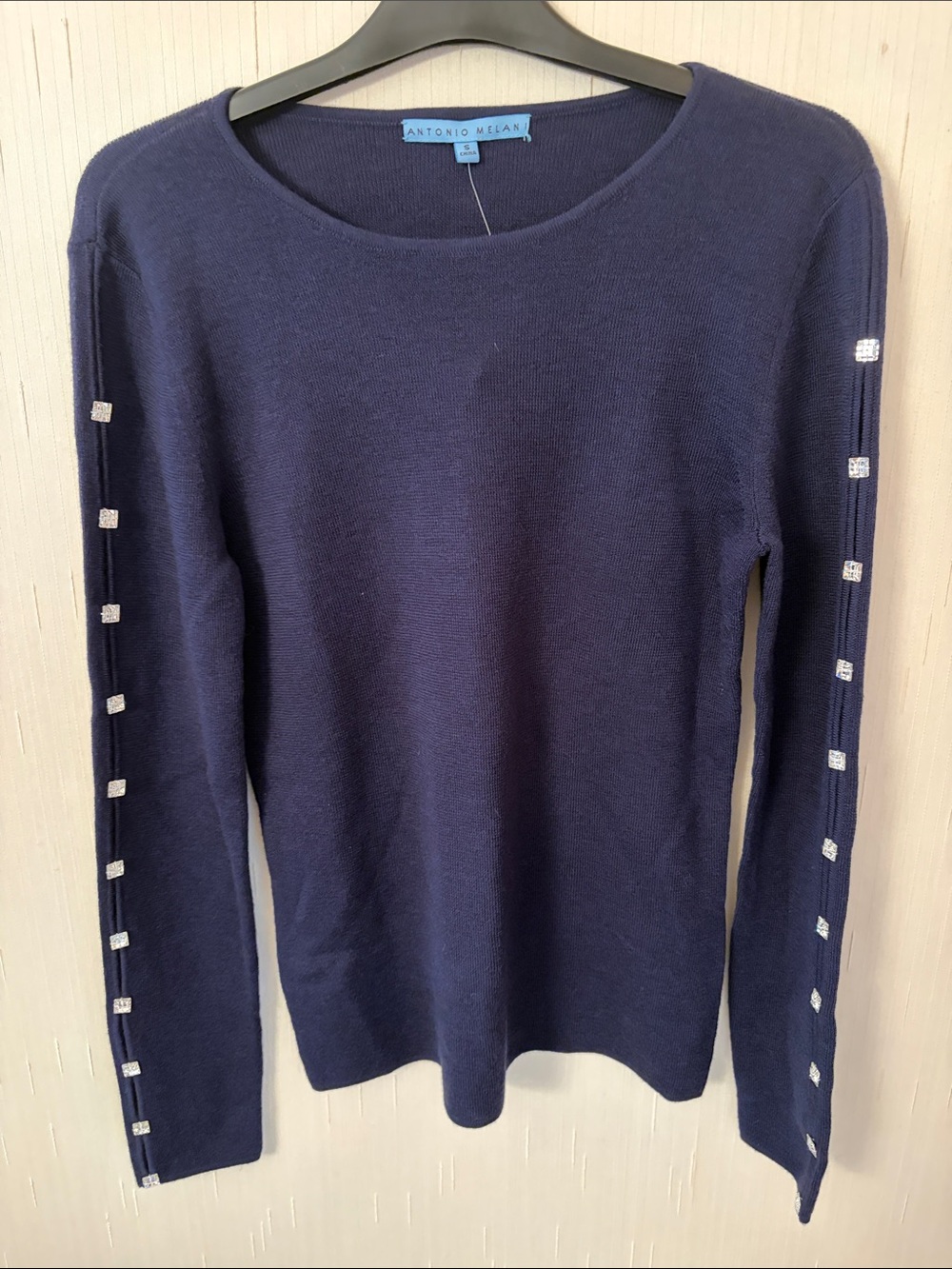 ANTONIO MELANI Navy Crewneck Sweater with Rhinestone Sleeve Detail
